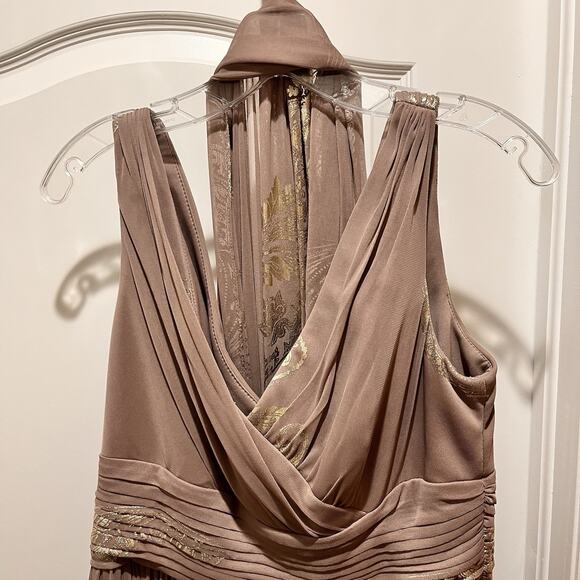 NWOT taupe Patra Foil Print Chiffon Gown with scarf size 14 - Picture 3 of 10